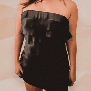 Black shiny silky layered ruffle strapless whimsigoth grunge demonia mini dress